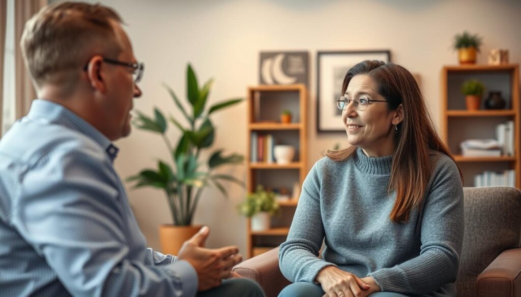 A clinical mental health counseling session in a warm, inviting office setting. In the foreground, a counselor and patient engaged in earnest conversation, their expressions conveying empathy and understanding. The counselor's posture is open and attentive, while the patient appears thoughtful and at ease. Soft indirect lighting casts a calming glow, and the background features tasteful decor - bookshelves, plants, and artwork - creating a sense of professionalism and care. The overall atmosphere is one of trust, support, and the pursuit of mental well-being.
