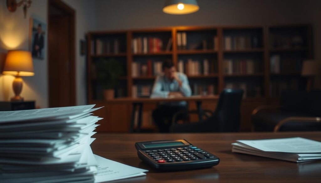 A dimly lit office, with warm wooden accents and a cozy atmosphere. In the foreground, a stack of documents and a calculator symbolize the financial considerations for mental health counseling programs. In the middle ground, a counselor sits at a desk, deep in thought, discussing options for financial aid and support with a client. The background features softly blurred bookshelves, suggesting the scholarly nature of the field. The lighting is muted, creating a contemplative and supportive environment. The overall mood conveys empathy, understanding, and a commitment to making mental health counseling accessible through various financial resources.