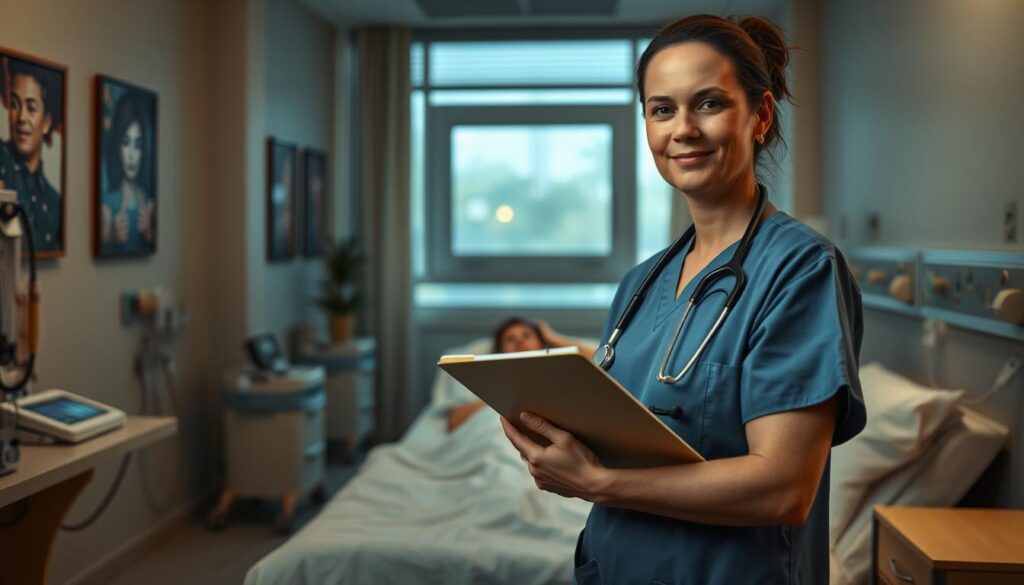 A mental health nurse practitioner stands in a serene, dimly lit hospital room, their expression calm and compassionate. In the foreground, they gently hold a clipboard, symbolizing their meticulous record-keeping and attention to detail. Surrounding them, medical equipment and soothing artwork create a reassuring environment, reflecting their expertise in managing complex mental health cases. The middle ground features a patient reclining on a comfortable bed, their body language conveying a sense of trust and ease. In the background, a large window allows natural light to filter in, evoking a sense of hope and healing. The scene is captured with a warm, soft-focus lens, emphasizing the empathetic connection between the nurse practitioner and the patient.