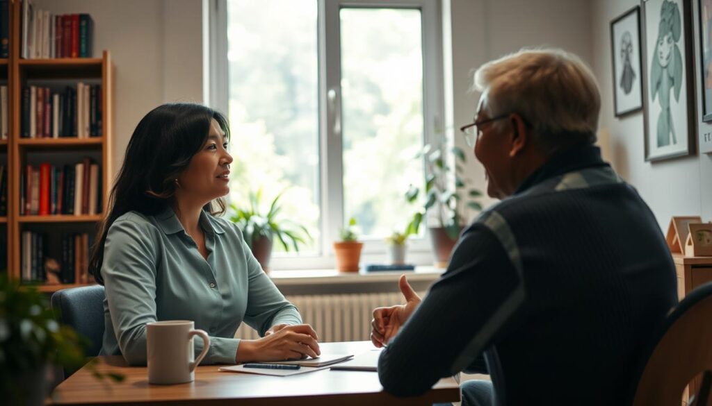 A serene office setting with warm lighting and a cozy atmosphere. In the foreground, a mental health counselor sits at a desk, deep in thoughtful discussion with a patient. The counselor's expression conveys empathy and attentiveness. Behind them, a bookshelf filled with relevant literature and a potted plant, creating a sense of professionalism and care. In the background, a window overlooking a lush, calming outdoor scene, suggesting the journey towards personal growth and career advancement. The overall composition evokes a space of trust, guidance, and the pursuit of mental well-being. A serene office setting with warm lighting and a cozy atmosphere. In the foreground, a mental health counselor sits at a desk, deep in thoughtful discussion with a patient. The counselor's expression conveys empathy and attentiveness. Behind them, a bookshelf filled with relevant literature and a potted plant, creating a sense of professionalism and care. In the background, a window overlooking a lush, calming outdoor scene, suggesting the journey towards personal growth and career advancement. The overall composition evokes a space of trust, guidance, and the pursuit of mental well-being.