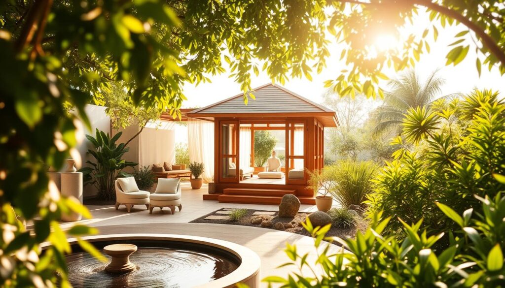 A serene, sun-dappled wellness center nestled amidst lush, verdant foliage. In the foreground, a reception area with a calming water feature and comfortable seating invites visitors to unwind. The middle ground showcases tranquil treatment rooms, their windows offering views of a zen garden. In the background, a meditation pavilion stands, its peaked roof and warm wooden tones exuding a sense of harmony. Soft, natural lighting filters through the space, creating a soothing, rejuvenating atmosphere. A haven of holistic care, this wellness sanctuary offers a sanctuary for the mind, body, and spirit.