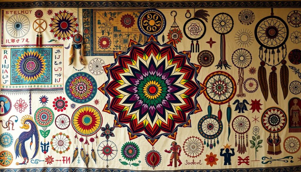 A vibrant collage of cultural symbols and patterns, capturing the diverse perspectives on mental health awareness. In the foreground, a central mandala-like design featuring a spectrum of colors, each symbolizing different aspects of well-being. Surrounding it, intricate tapestries, mandalas, and dreamcatchers from various global traditions, woven together in a harmonious composition. The middle ground showcases a blend of ancient and contemporary motifs, from indigenous art to modern minimalist graphics. In the background, a warm, diffused lighting casts a serene, contemplative atmosphere, underscoring the unity and universality of mental health awareness across cultures.