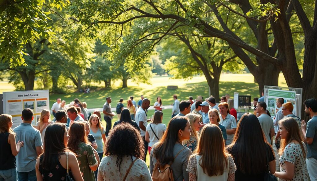 A vibrant, inclusive mental health community gathering in a sun-dappled park. In the foreground, a diverse group of people engage in discussions, offering mutual support and sharing personal experiences. The middle ground features interactive booths and informational displays, highlighting resources and strategies for mental wellness. The background is a lush, verdant landscape, with trees casting gentle shadows and a soft, soothing atmosphere. Warm, natural lighting accentuates the sense of connection and community. The overall scene conveys a welcoming, empowering, and collaborative spirit, fostering a deeper understanding and awareness of mental health.