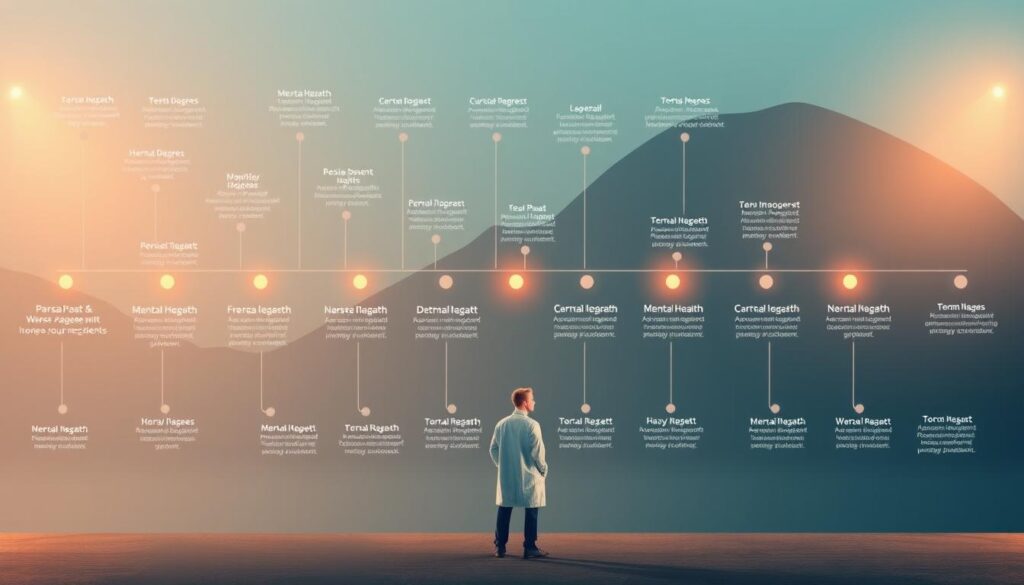 An expansive educational journey unfolds, showcasing the diverse pathways to becoming a mental health nurse practitioner. In the foreground, a figure stands resolute, representing the dedicated students embarking on this meaningful career. The middle ground features a tapestry of academic milestones, from nursing degrees to specialized mental health certifications, symbolizing the comprehensive training required. In the background, a serene, contemplative atmosphere sets the stage, evoking the profound impact these professionals will have on the lives of their patients. Warm lighting bathes the scene, conveying the compassion and empathy that are the hallmarks of this rewarding field.