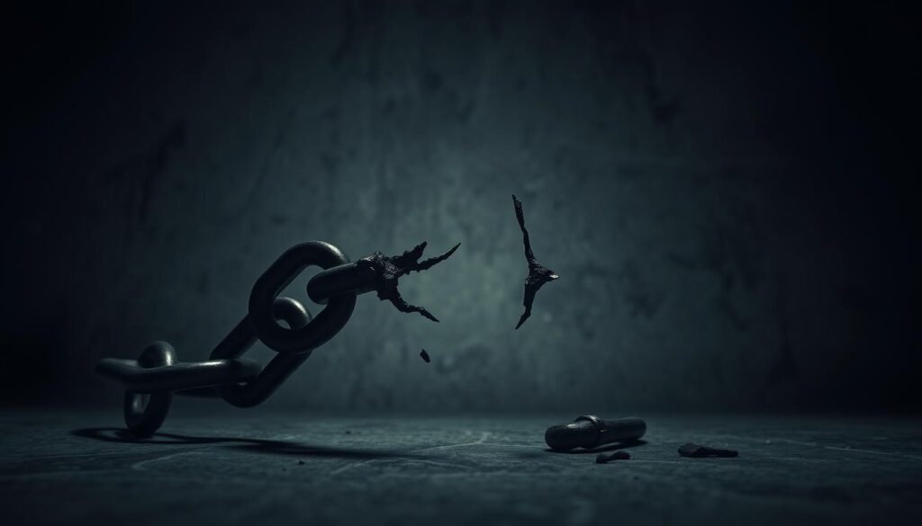 A broken metal chain symbolizing the fractures and fragility of mental health, captured in a dramatic low-angle shot with harsh shadows and a moody chiaroscuro lighting. The chain is positioned centrally, twisted and distorted, against a muted, textured backdrop that evokes the complexity and challenges of the human psyche. The composition conveys a sense of tension, struggle, and the need for resilience in the face of mental health difficulties.