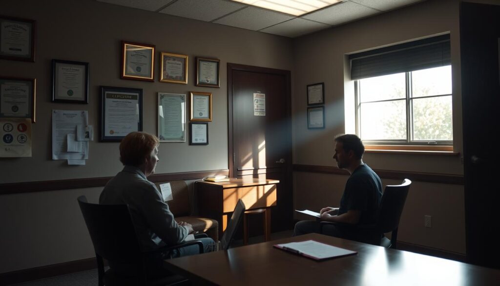 A dimly lit psychiatric evaluation room, the walls adorned with clinical posters and certificates. In the center, a wooden desk and chairs, a laptop and clipboard signifying the process of a thorough mental health assessment. The patient, seated across from the evaluating clinician, their expression pensive yet resolute, ready to navigate the complex "302" involuntary commitment procedure. Natural light filters in from a window, casting a warm glow and a sense of hope amidst the formal setting. The atmosphere is one of empathetic professionalism, as the clinician guides the patient through the evaluation, determining the appropriate course of action to ensure their well-being.