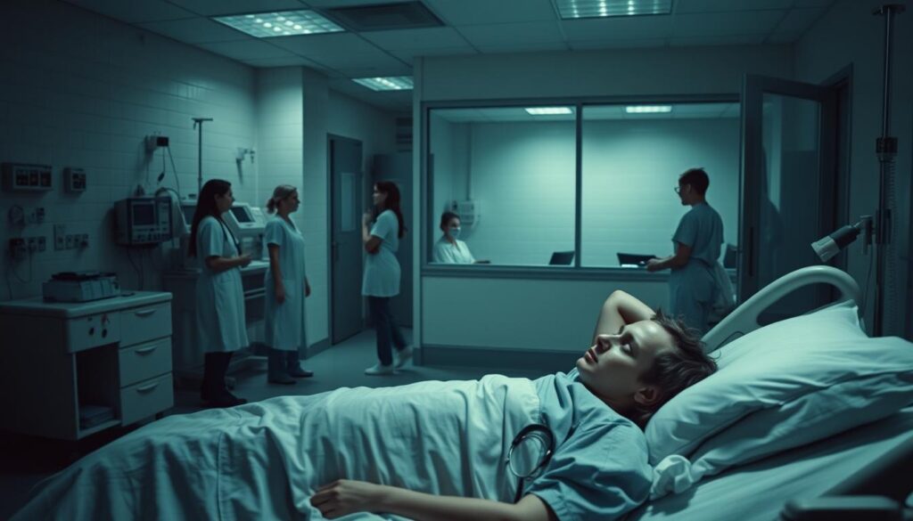 A dimly lit psychiatric ward with clean, white walls and sterile medical equipment. In the foreground, a patient lying on a hospital bed, eyes downcast, lost in introspective thought. Nurses and orderlies move with quiet efficiency, monitoring the patient's condition. The middle ground features a glass-walled therapy room, where a doctor engages a patient in a deep, empathetic discussion. In the background, a nurse's station oversees the ward, maintaining a vigilant yet compassionate presence. Muted colors and soft lighting create a somber, introspective atmosphere, conveying the complexity and gravity of inpatient psychiatric treatment.