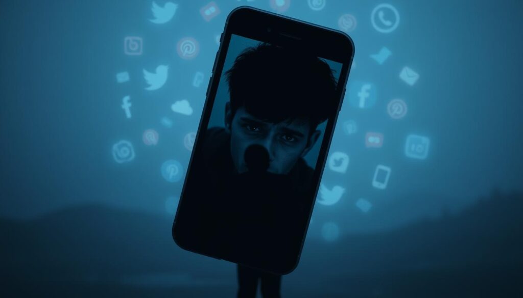 A glass smartphone screen reflecting a distorted, anxious face of a young person, surrounded by a swirling vortex of social media icons and notifications. The scene is bathed in a dim, bluish-grey lighting, creating a somber, oppressive atmosphere. The middle ground features a shadowy, faceless figure representing the negative mental health impacts of excessive social media usage. In the background, a hazy, out-of-focus landscape symbolizes the individual's withdrawal from the physical world. The overall composition conveys a sense of isolation, obsession, and the detrimental psychological effects of an online-dominated lifestyle.
