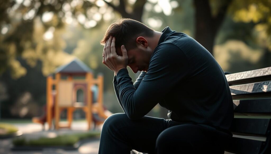 A man sitting on a park bench, shoulders slumped, head in his hands. Soft, diffused lighting filters through the trees, casting a melancholic glow. The background is blurred, with hints of a playground or garden, representing the responsibilities and demands of fatherhood. The man's posture conveys a sense of emotional exhaustion, the weight of mental health struggles evident in his posture. The scene evokes a contemplative, introspective mood, highlighting the often overlooked challenges fathers face during the perinatal period.