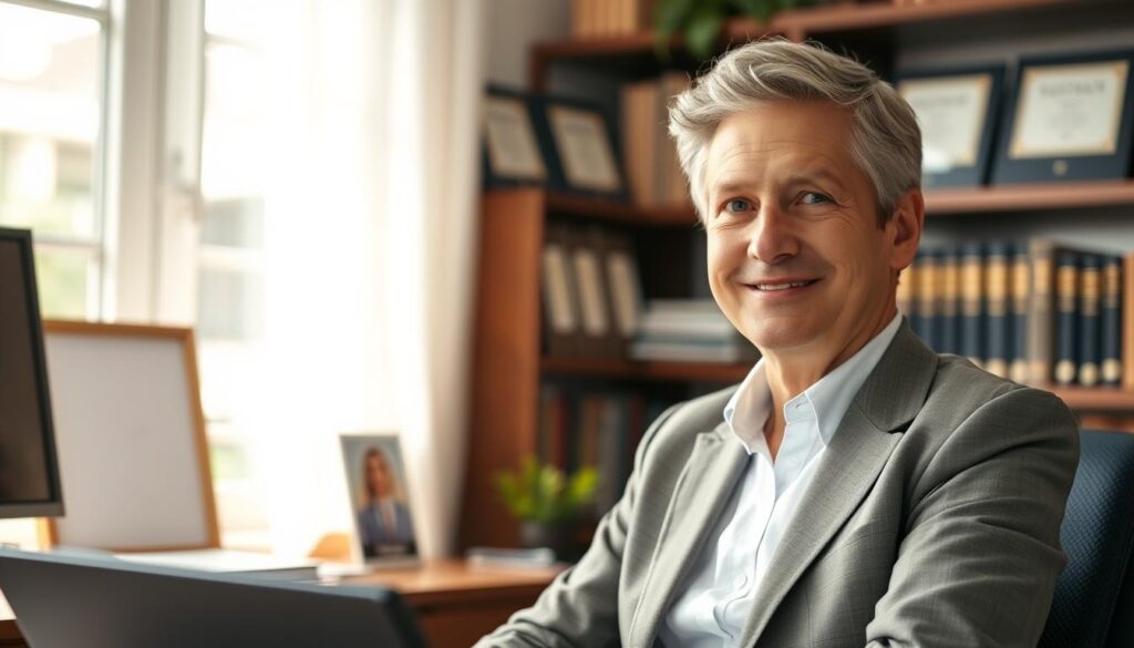 A middle-aged person in a professional attire, sitting at a desk in a cozy, well-lit office. The person has a kind, attentive expression, conveying empathy and an air of expertise. Soft, natural lighting illuminates the scene, creating a warm, inviting atmosphere. The background features shelves filled with psychology books and diplomas, suggesting the individual's extensive training and qualifications. The overall impression is that of a trustworthy, knowledgeable mental health professional ready to provide compassionate care.