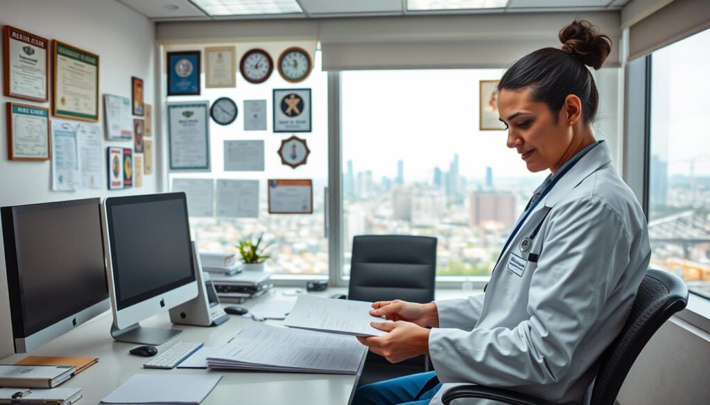 A modern, well-lit office space with a desk, computer, and other professional equipment. In the foreground, a mental health technician is reviewing documents and calculations, their face expressing concentration and diligence. In the middle ground, various certifications, degrees, and awards are displayed on the walls, highlighting the technician's expertise. The background features a panoramic city view, conveying a sense of a thriving, urban healthcare setting. The overall atmosphere is one of professionalism, competence, and the importance of the mental health technician's role in the industry.