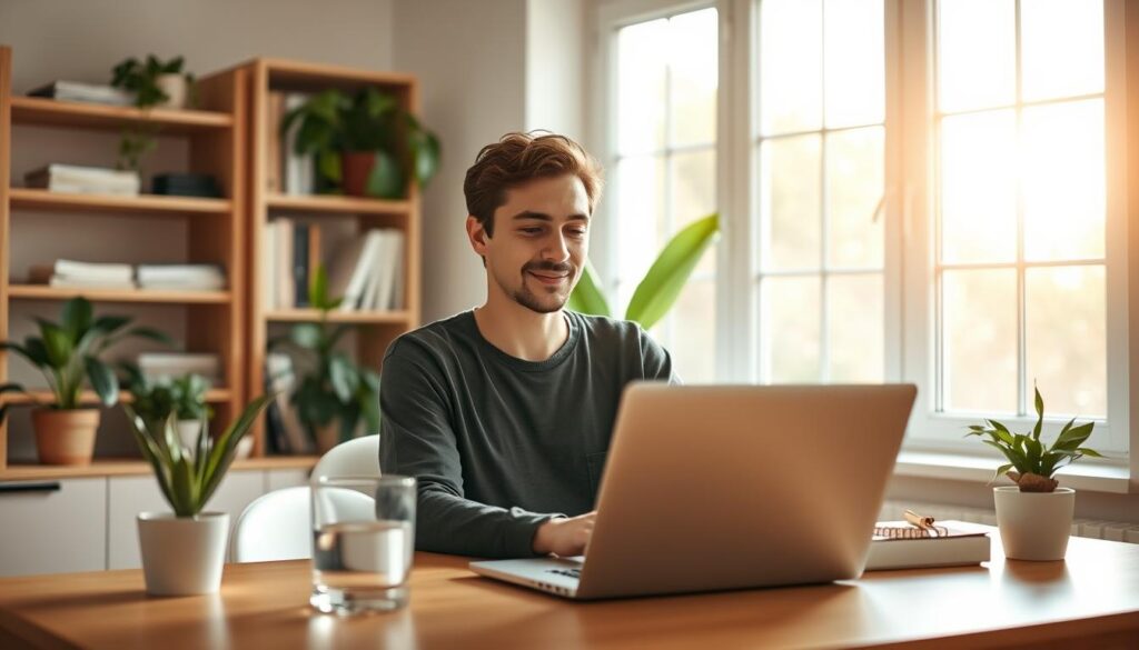 A peaceful, well-lit home office with a person sitting at a desk, laptop open, posture relaxed. Soft natural lighting streams through large windows, casting a warm glow. The desk is tidy, with a potted plant, a glass of water, and minimal decor. The person's expression is focused yet calm, embodying a sense of digital wellness and mindful screen use. In the background, a bookshelf and houseplants create a serene, productive atmosphere. A sense of balance and intentionality permeates the scene.