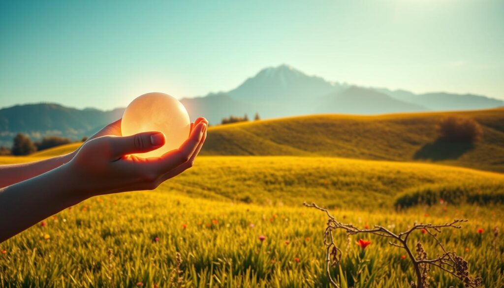 A serene and contemplative landscape that symbolizes the broad scope of mental health. In the foreground, a pair of hands cradling a glowing, translucent sphere, representing the delicate nature of the mind. The middle ground features a rolling meadow of lush, verdant grass, dotted with vibrant wildflowers, signifying the diverse and multifaceted aspects of emotional well-being. In the distance, a majestic mountain range rises, its peaks capped with pristine snow, evoking the vast, untapped potential of the human psyche. The scene is bathed in warm, golden light, creating a sense of hope and tranquility. The overall composition conveys the interconnectedness of mental and emotional health, and the need for a holistic approach to wellness.