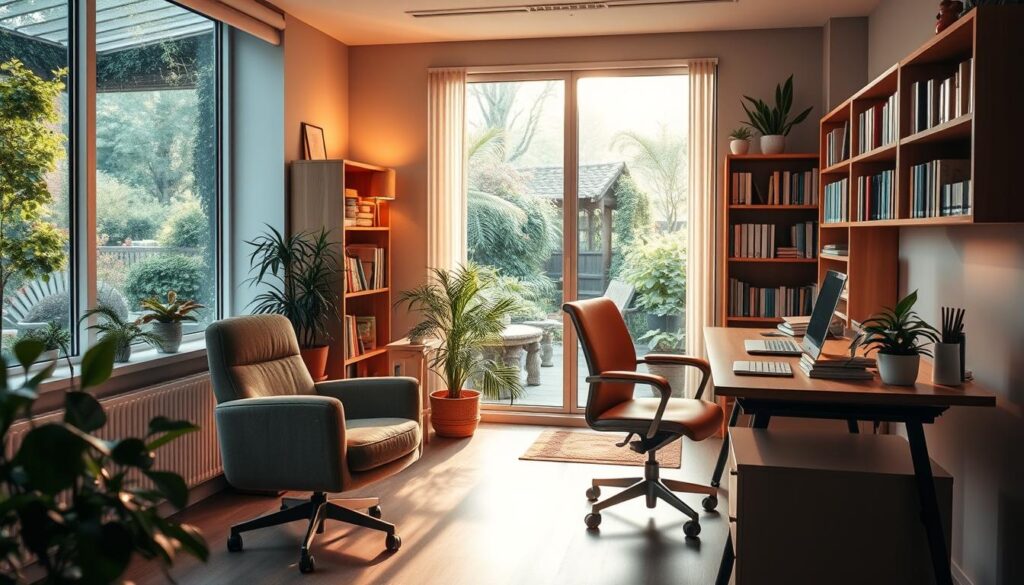 A serene and inviting office setting, showcasing the benefits and perks enjoyed by mental health technicians. The foreground features a comfortable chair, a well-equipped desk with a laptop, and a potted plant, all bathed in warm, natural lighting. The middle ground includes a bookshelf filled with medical references and a cozy reading nook, hinting at the intellectual stimulation and self-care opportunities available. In the background, a large window overlooking a tranquil garden scene, symbolizing the work-life balance and stress-relieving environments that support the well-being of these healthcare professionals. The overall atmosphere exudes a sense of professionalism, contentment, and the holistic approach to supporting mental health.