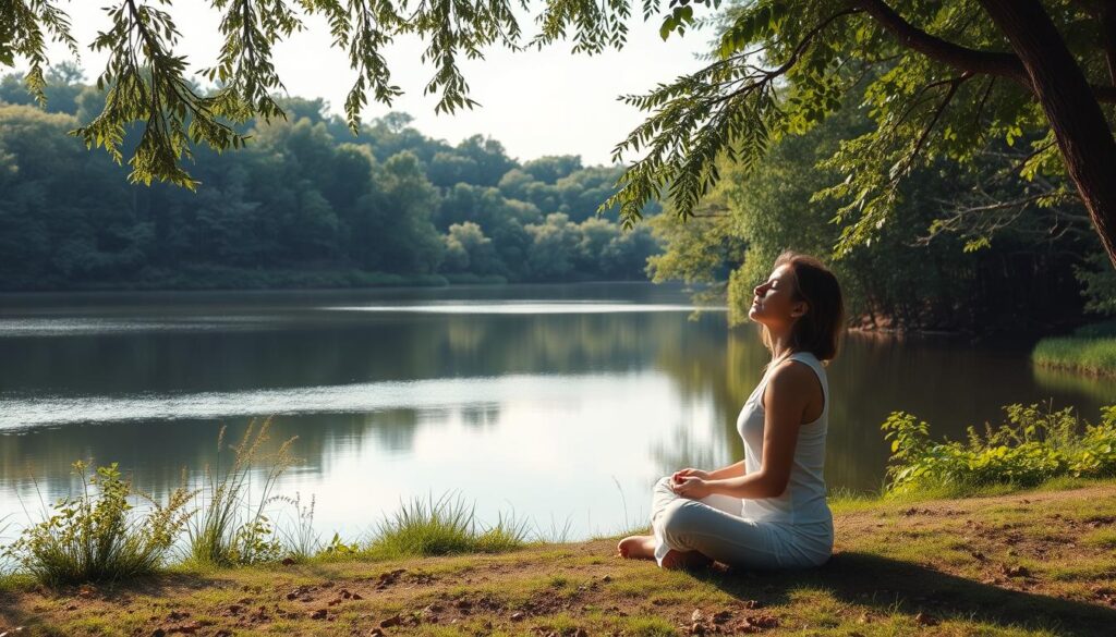 A serene landscape with a tranquil lake reflecting the sky, surrounded by lush, verdant foliage. In the foreground, a person sits cross-legged, eyes closed, hands resting on their knees, exuding a sense of calm and inner peace. Soft, diffused light filters through the trees, casting a warm, comforting glow on the scene. The overall atmosphere conveys the harmony and balance of mental and emotional well-being, and the positive impact on one's overall wellness and quality of life.