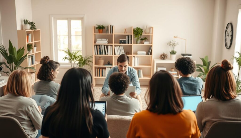 A serene, modern home office with a warm, natural lighting. In the foreground, a diverse group of people engaged in online counseling sessions, their faces visible but not identifiable. Soft, muted colors create a calming atmosphere. In the middle ground, an array of digital devices - laptops, tablets, and smartphones - suggesting the versatility of online therapy. The background features bookshelves, plants, and minimalist decor, conveying a sense of professionalism and wellness. The overall scene reflects the accessibility, privacy, and personalized nature of online mental health counseling.