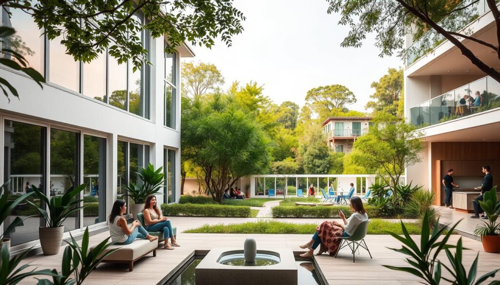 A serene, modern mental health institute nestled amidst lush greenery. The building's facade features floor-to-ceiling windows, allowing natural light to flood the interior. In the foreground, a tranquil courtyard with a calming water feature and minimalist seating areas. Patients engage in group therapy sessions, their expressions relaxed and introspective. The middle ground showcases various therapeutic spaces, including a well-equipped gym and art studio. In the background, verdant trees and a clear sky create a sense of peace and healing. Soft, diffused lighting throughout, evoking a warm, nurturing ambiance. An atmosphere of hope, compassion, and holistic well-being.
