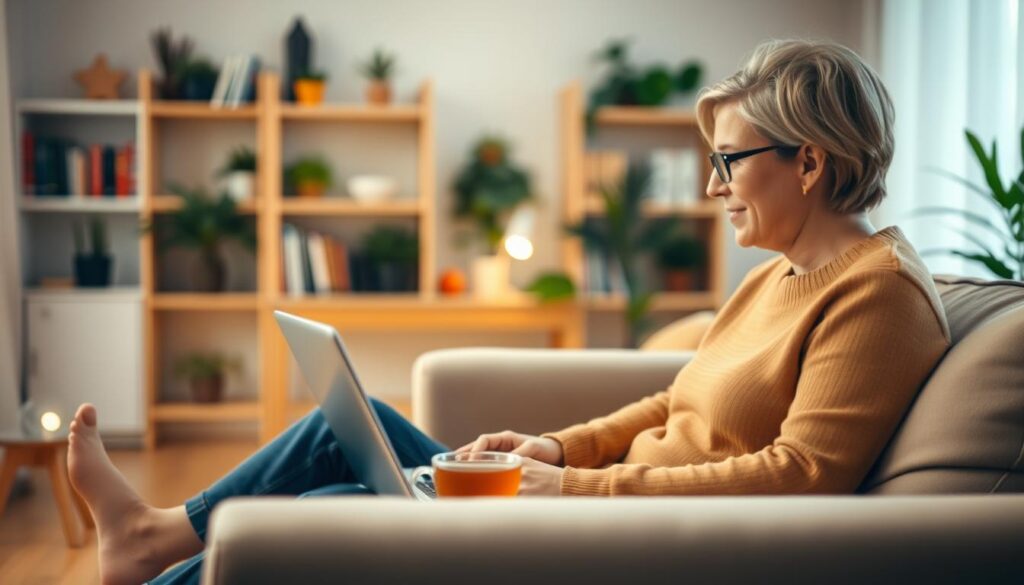 A warm, inviting scene of an online therapy session. In the foreground, a person sitting comfortably on a couch, laptop open and a cup of tea nearby, deep in conversation with their therapist. The middle ground features a cozy, well-lit home office setting, with bookshelves, plants, and soft lighting creating a calming ambiance. The background blurs softly, suggesting the privacy and intimacy of the virtual interaction. The therapist's face is visible, their expression one of empathy and engagement. Overall, the image conveys a sense of connection, trust, and the therapeutic benefits of online mental health counseling.