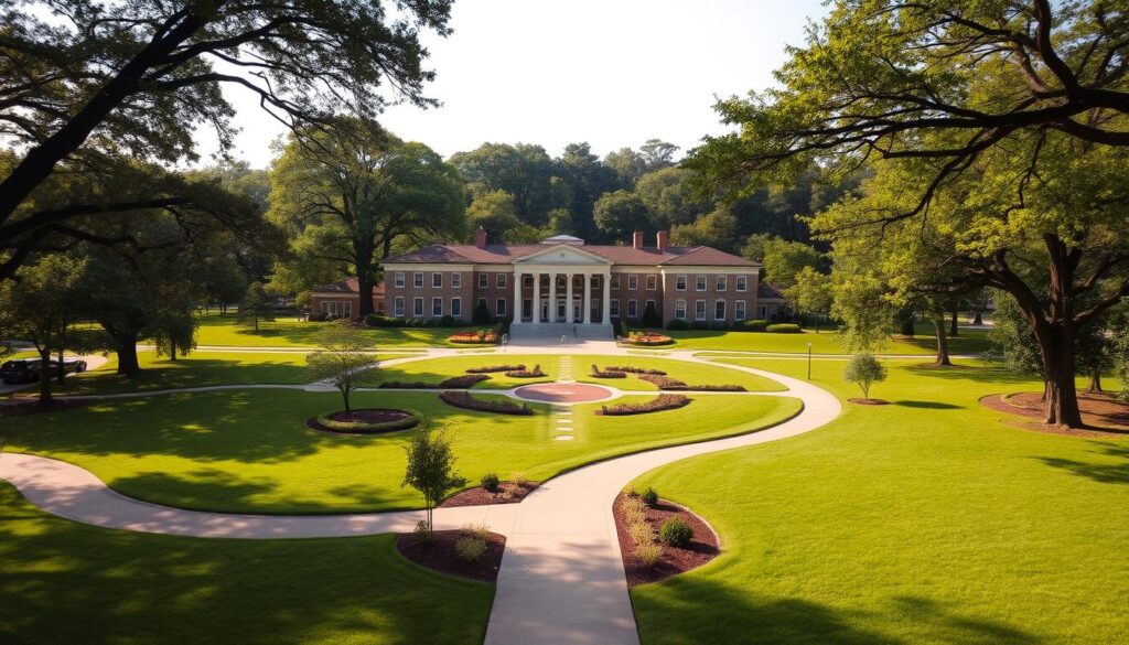 Expansive campus of the Mendota Mental Health Institute, situated on lush green grounds. A grand central building in the foreground, its neoclassical architecture exuding an air of stately authority. Manicured gardens and winding pathways lead visitors through the serene, park-like setting. In the background, towering trees provide a natural backdrop, their branches gently swaying in the soft breeze. The overall ambiance conveys a sense of tranquility and healing, befitting the institute's role as a sanctuary for those in need of mental health care. Natural light filters through, casting warm, gentle illumination across the entire scene. Captured through the lens of a wide-angle camera, the image offers a comprehensive view of the institute's picturesque facilities and grounds.