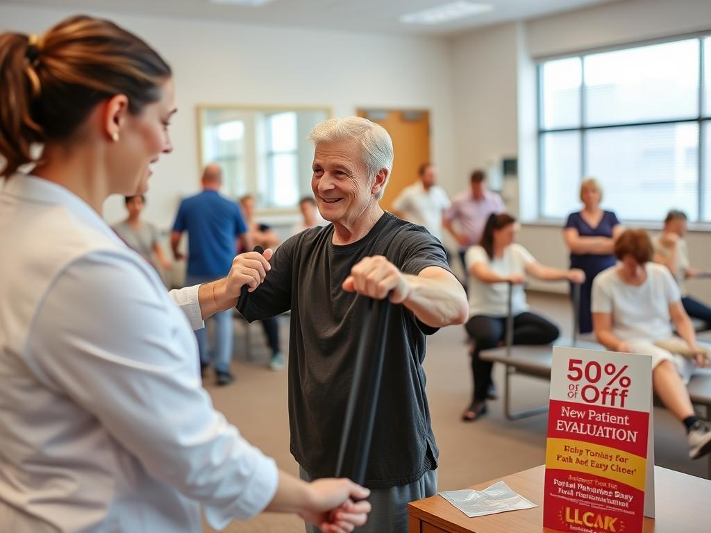Outpatient rehabilitation session showing special 50% new patient discount information Outpatient rehabilitation session showing special 50% new patient discount information