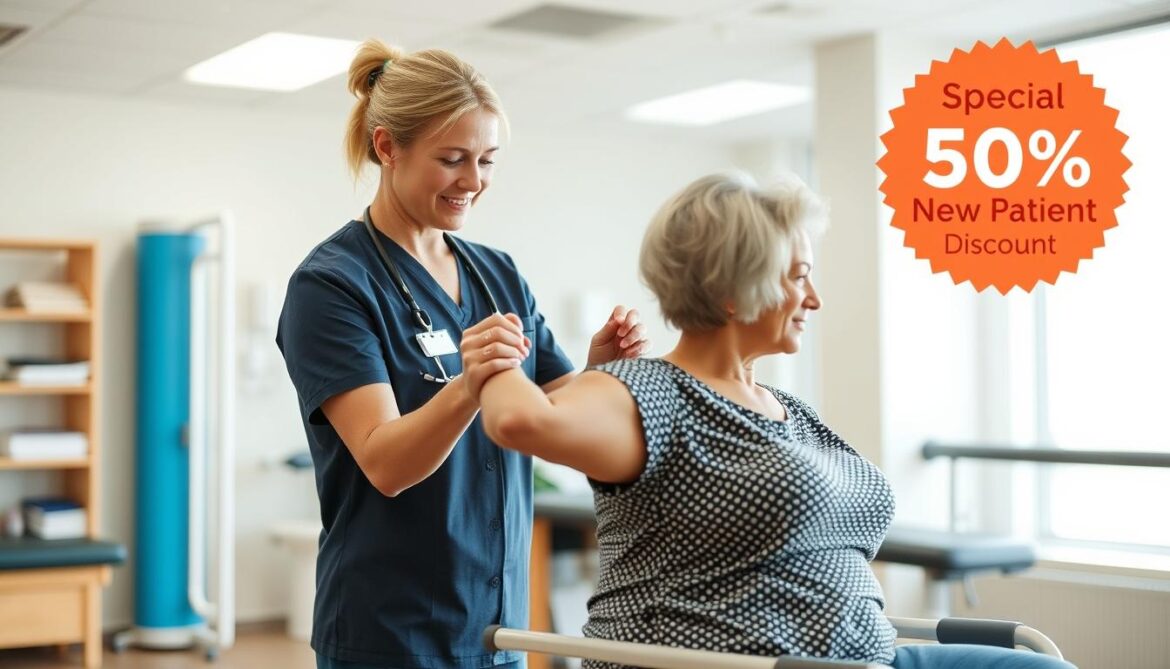 Patient working with rehabilitation specialist with special 50% new patient discount banner