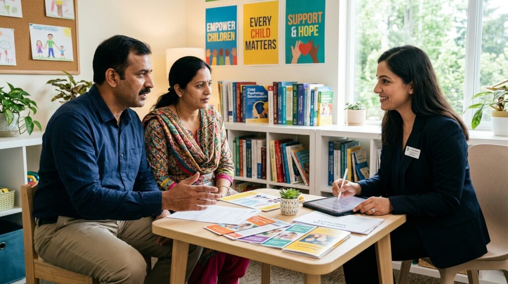 बच्चे की सहायता योजना पर चर्चा करते अभिभावक और चिकित्सक बच्चे की सहायता योजना पर चर्चा करते अभिभावक और चिकित्सक