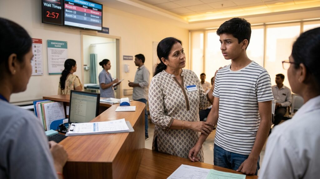 A concerned adult accompanies an Indian teenager in a modern healthcare setting, illustrating urgency and support. The adult, a middle-aged woman wearing professional attire, stands beside the teen, who is dressed in casual yet modest clothing, conveying a sense of vulnerability yet determination. The foreground highlights their expressions; the adult's face shows empathy, while the teen's eyes reflect apprehension but also trust. In the middle ground, medical equipment and a reception area create a realistic environment, conveying an urgent atmosphere. The background has soft, warm lighting, enhancing the mood of comfort and safety amidst the urgency. The scene is viewed at eye level, focusing on the emotional connection between the two figures, embodying the theme of seeking help.