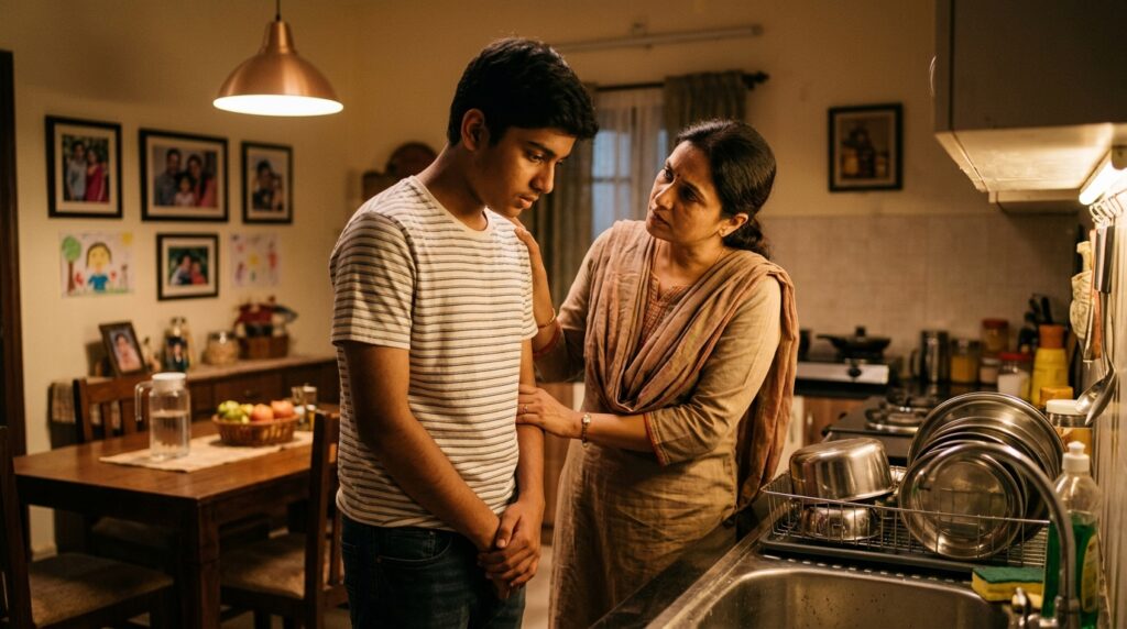 A cozy kitchen scene illuminated by soft, warm lighting after dinner. In the foreground, an Indian teenager, dressed in a simple yet modest outfit, stands close to a caring adult, who wears casual but respectful clothing, both engaged in a private conversation. The caregiver has a gentle expression, showing concern and empathy, while the teenager appears thoughtful and slightly anxious. In the middle ground, clean, neatly arranged dinner dishes are stacked in the sink, hinting at the recent meal. The background features a warm ambiance with household items like a wooden dining table and family photos on the walls, creating an intimate and supportive atmosphere. The angle captures them in a slightly angled close-up to emphasize the emotion and connection in the moment.
