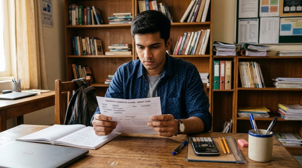 A focused Indian student in a casual yet tidy outfit is sitting at a wooden desk, intently checking their admit card. The student is surrounded by organized exam stationery—an assortment of pens, pencils, an eraser, and a calculator—all neatly arranged to the right. Soft, warm lighting casts a gentle glow over the scene, enhancing the student’s concentration. In the background, shelves filled with books and study materials evoke a scholarly atmosphere. The angle is slightly elevated, capturing both the student’s focused expression and the well-organized study space. The overall mood is one of preparation and slight tension, embodying the stress of exam readiness while maintaining an air of determination and focus. A focused Indian student in a casual yet tidy outfit is sitting at a wooden desk, intently checking their admit card. The student is surrounded by organized exam stationery—an assortment of pens, pencils, an eraser, and a calculator—all neatly arranged to the right. Soft, warm lighting casts a gentle glow over the scene, enhancing the student’s concentration. In the background, shelves filled with books and study materials evoke a scholarly atmosphere. The angle is slightly elevated, capturing both the student’s focused expression and the well-organized study space. The overall mood is one of preparation and slight tension, embodying the stress of exam readiness while maintaining an air of determination and focus.
