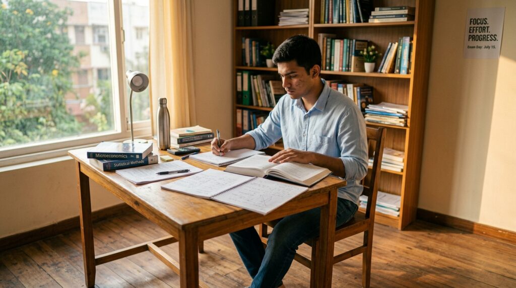 A peaceful study room setting where an Indian student is seated at a wooden table, resting both feet on the floor, preparing for an exam. The student, a young male wearing a light blue shirt and dark jeans, appears calm but focused, with books and notes spread out before him. Sunlight streams in through a nearby window, casting a warm, golden glow and creating soft shadows in the room. The background features a neatly arranged bookshelf filled with academic books and a motivational poster on the wall. The atmosphere is serene yet slightly tense, capturing the essence of exam stress. The camera angle is slightly elevated, providing a clear view of the student's thoughtful expression and the study materials laid out in front of him. A peaceful study room setting where an Indian student is seated at a wooden table, resting both feet on the floor, preparing for an exam. The student, a young male wearing a light blue shirt and dark jeans, appears calm but focused, with books and notes spread out before him. Sunlight streams in through a nearby window, casting a warm, golden glow and creating soft shadows in the room. The background features a neatly arranged bookshelf filled with academic books and a motivational poster on the wall. The atmosphere is serene yet slightly tense, capturing the essence of exam stress. The camera angle is slightly elevated, providing a clear view of the student's thoughtful expression and the study materials laid out in front of him.