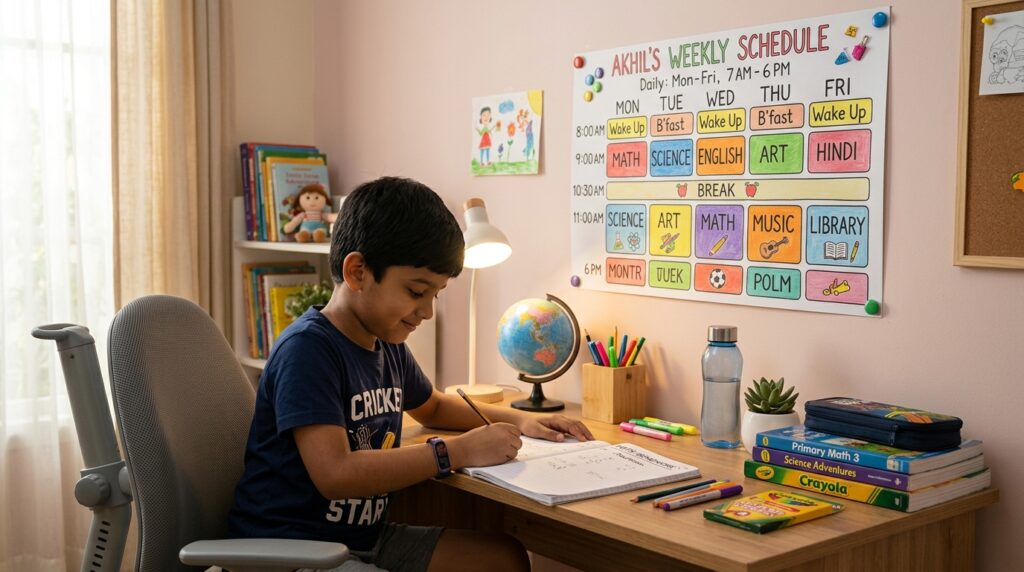 Daily timetable on the wall above a child's homework desk at home