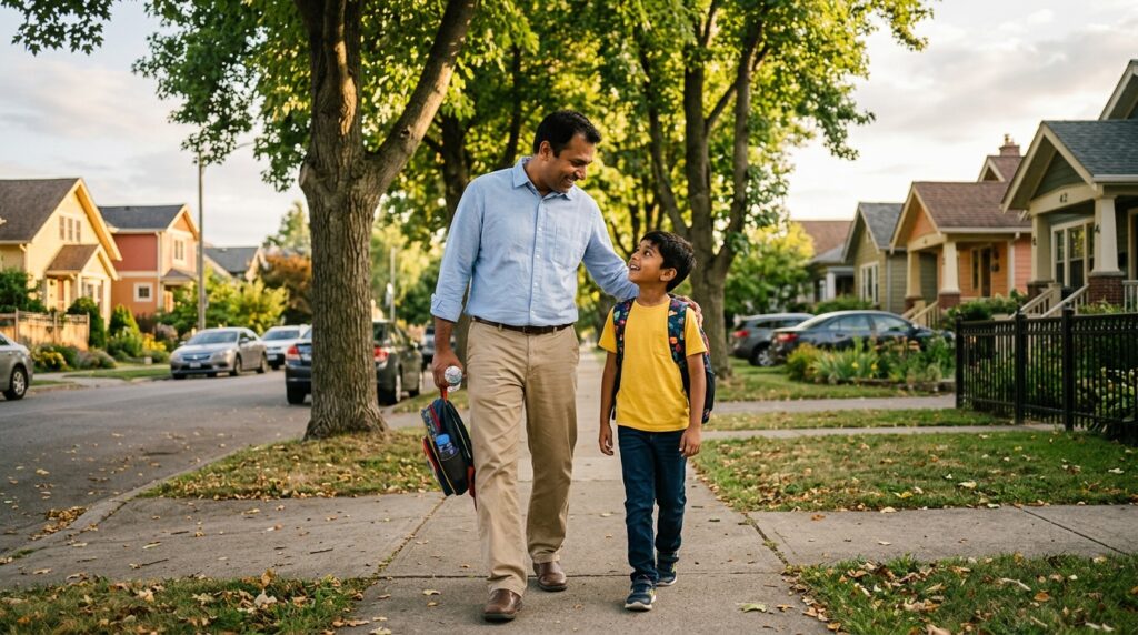 Father and child walking around the block after school, talking freely Father and child walking around the block after school, talking freely