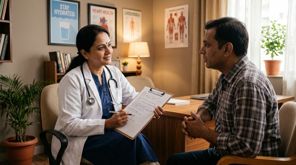 Healthcare provider reviewing drinking history during a private assessment Healthcare provider reviewing drinking history during a private assessment