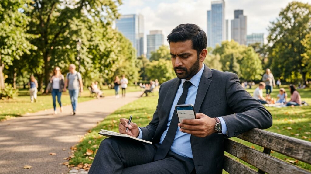 Man weighing mental health appointment costs during a work break Man weighing mental health appointment costs during a work break