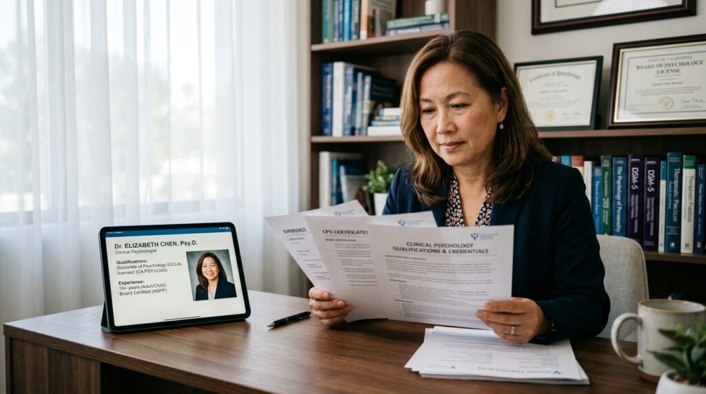 Patient reviewing clinical psychology qualifications beside a practitioner profile