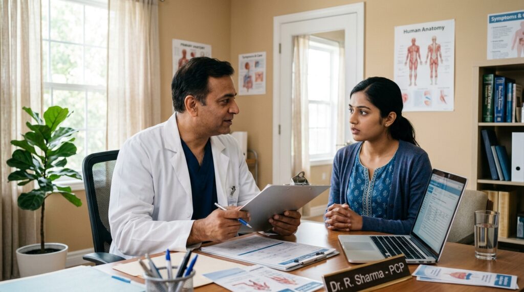 Primary care doctor discussing symptoms and referral choices with a patient Primary care doctor discussing symptoms and referral choices with a patient