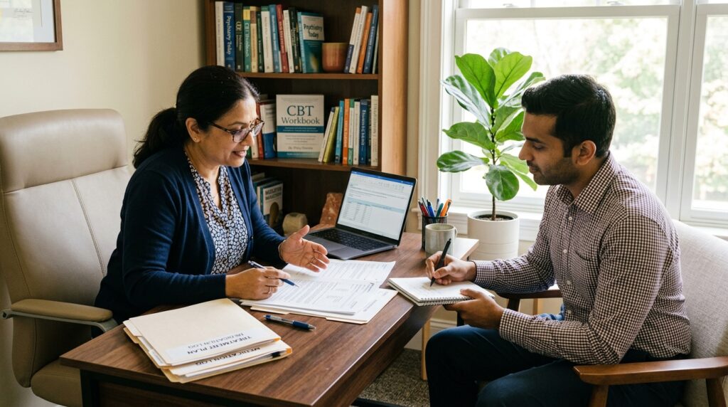 Psychiatrist reviewing a treatment plan and medicine monitoring with a patient