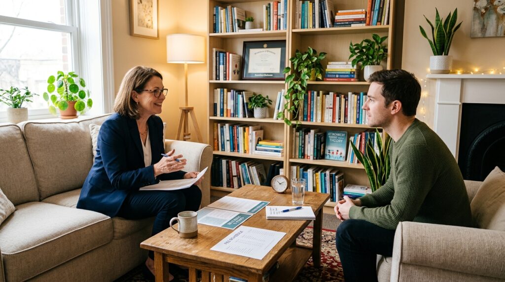 Psychologist discussing therapy goals and fees during an initial consultation