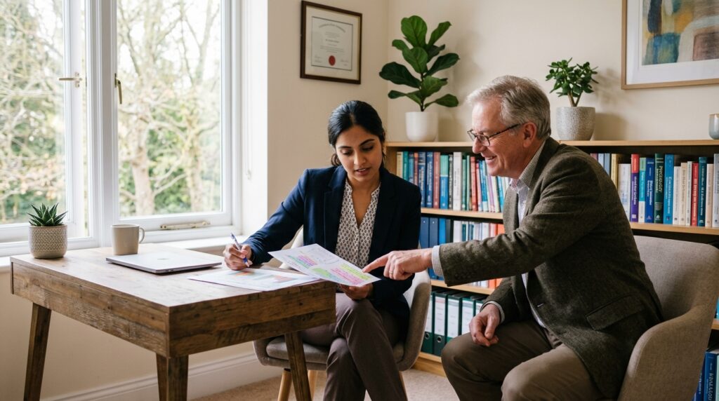 Psychology trainee reviewing assessment notes with a clinical supervisor Psychology trainee reviewing assessment notes with a clinical supervisor