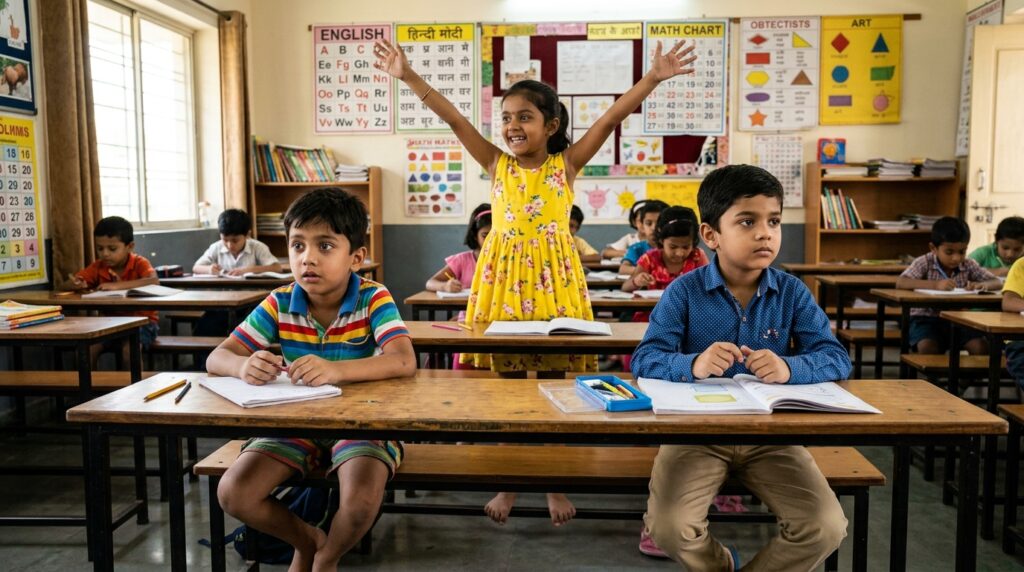 Three children in class showing inattentive, hyperactive and combined ADHD presentations