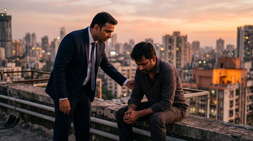 Trusted person staying beside a man during a suicide emergency Trusted person staying beside a man during a suicide emergency