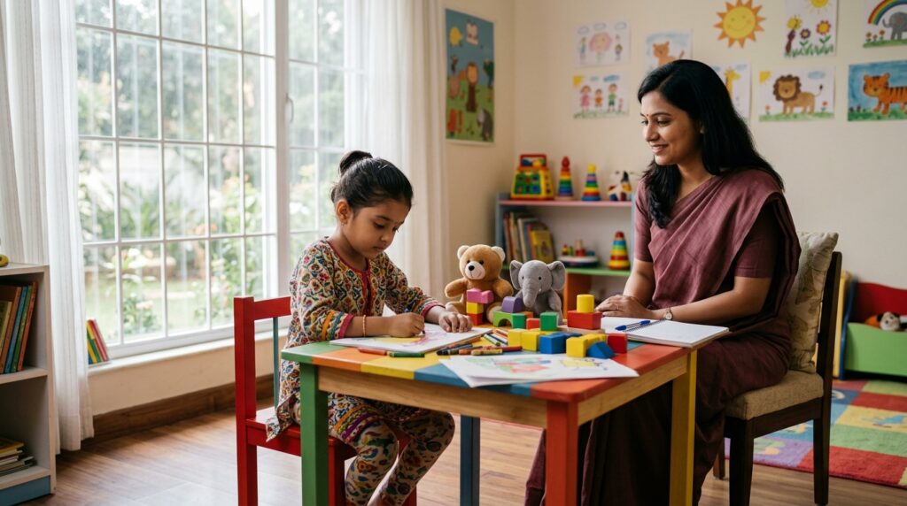 Young child in play therapy session with drawings and toys on the table Young child in play therapy session with drawings and toys on the table